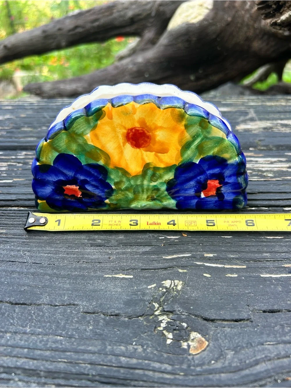 Vintage Hand Painted Ceramic Napkin Holder Floral Folk Art Cottagecore